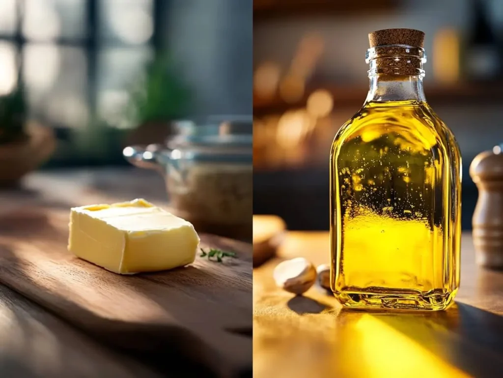 A side-by-side comparison of butter and a bottle of cooking oil on a wooden kitchen counter, with vibrant lighting emphasizing their textures.