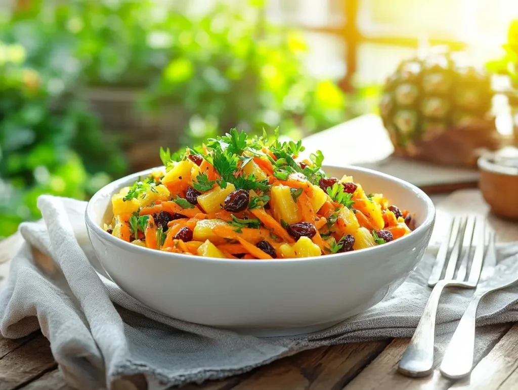 Carrot raisin pineapple salad beautifully presented in a white ceramic bowl, garnished with parsley, on a rustic wooden table with natural lighting