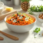 A colorful carrot raisin salad in a white ceramic bowl surrounded by key ingredients like shredded carrots, raisins, and creamy dressing on a kitchen counter.