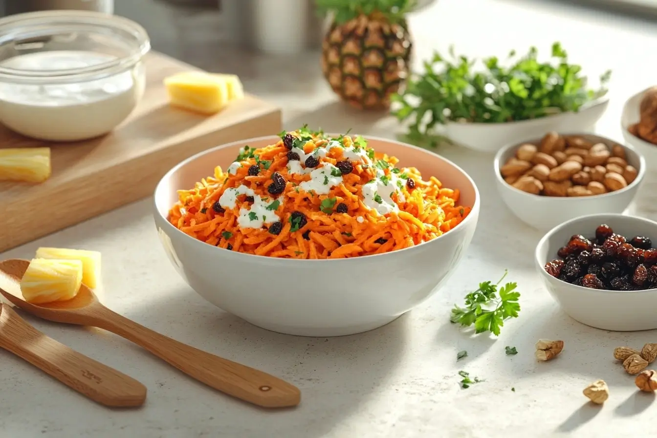 A colorful carrot raisin salad in a white ceramic bowl surrounded by key ingredients like shredded carrots, raisins, and creamy dressing on a kitchen counter.