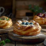 A variety of cheese Danish pastries on a rustic wooden table, featuring classic, fruit-topped, and savory options, styled with coffee and jam.