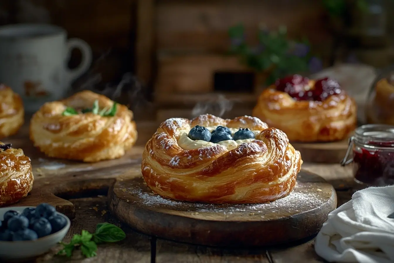 A variety of cheese Danish pastries on a rustic wooden table, featuring classic, fruit-topped, and savory options, styled with coffee and jam.