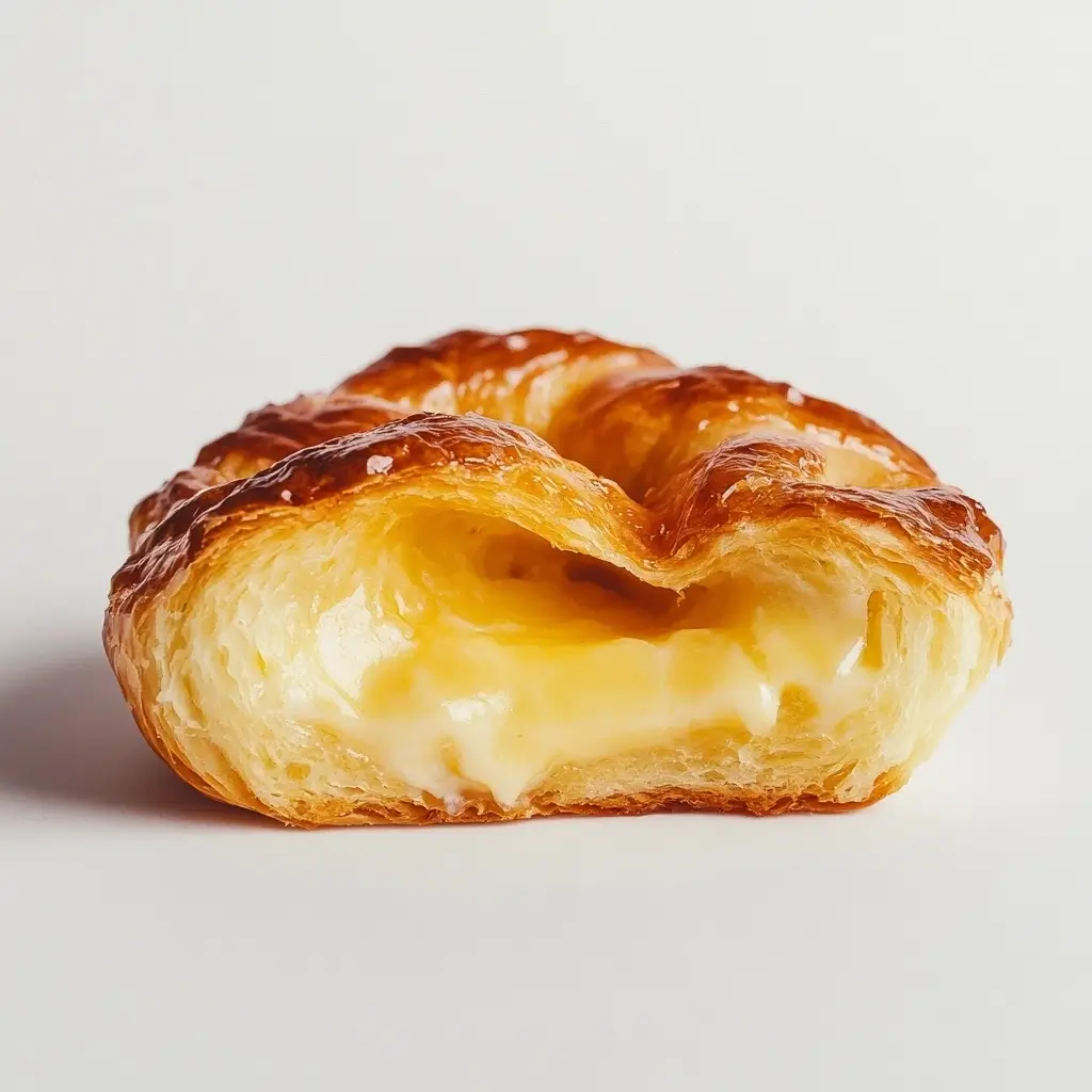 A cross-section of a cheese danish revealing its flaky layers and creamy cheese filling, set against a minimalist white background