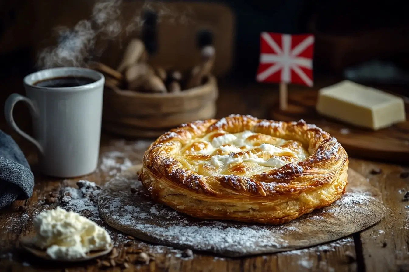 Golden-brown cheese Danish pastry with cream cheese filling on a rustic wooden table, surrounded by ingredients and a steaming cup of coffee