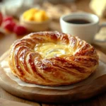 Golden cheese Danish on a wooden board with fresh fruits, cream cheese, and a cup of coffee in a cozy kitchen with soft lighting