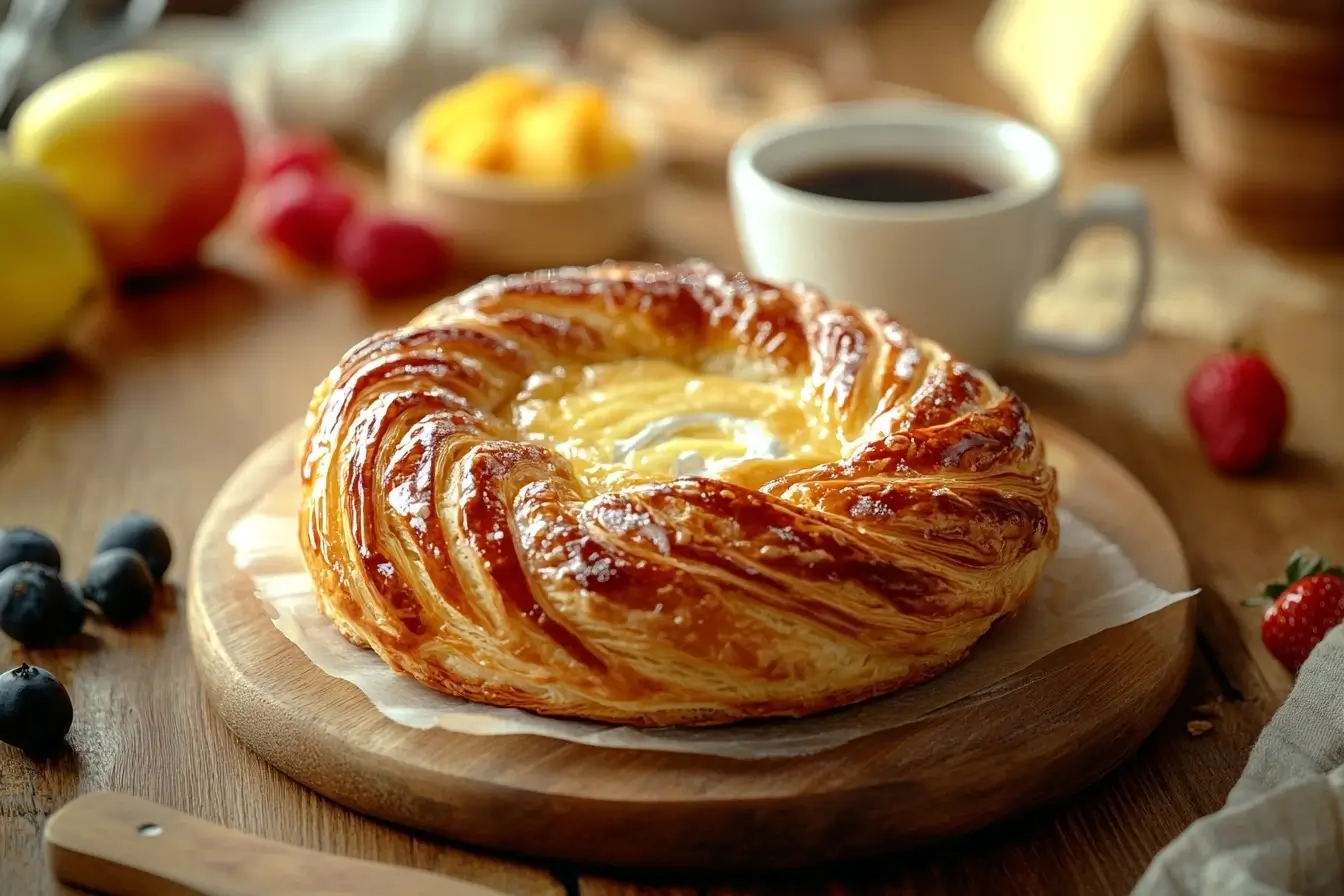 Golden cheese Danish on a wooden board with fresh fruits, cream cheese, and a cup of coffee in a cozy kitchen with soft lighting