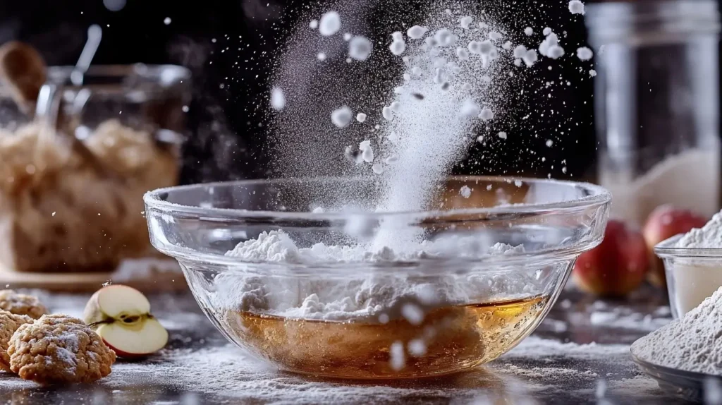 Apple cider vinegar being added to baking soda in a clear bowl, creating bubbles and foam with surrounding flour and cookie ingredients