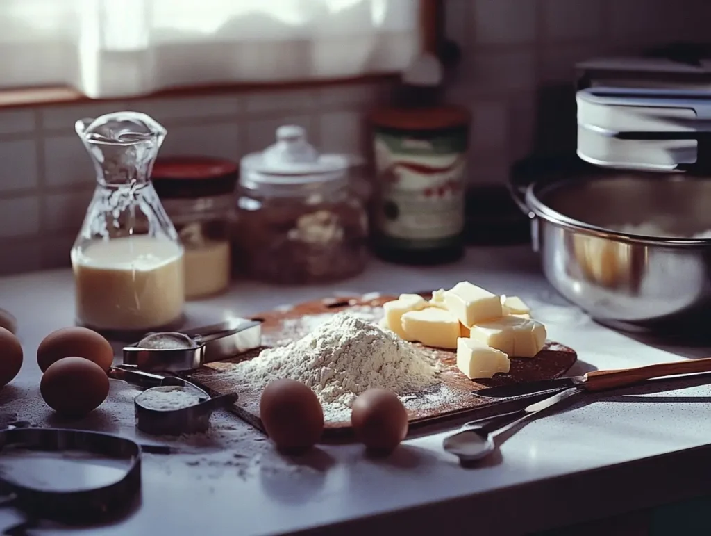 Neatly arranged ingredients for chewy cookies, including melted butter, brown sugar, eggs, vanilla extract, and flour on a clean kitchen counter