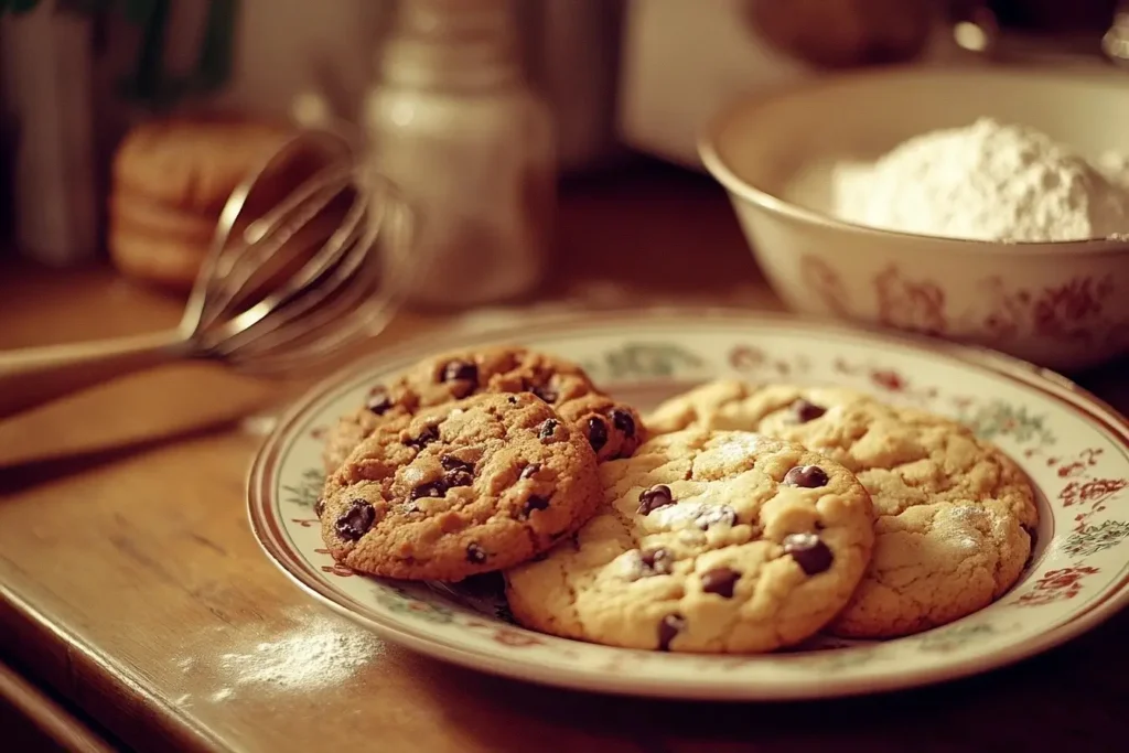 A plate of chewy and crunchy cookies split evenly, surrounded by baking tools like a whisk, rolling pin, and a bowl of flour on a wooden table.