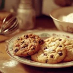 A plate of chewy and crunchy cookies split evenly, surrounded by baking tools like a whisk, rolling pin, and a bowl of flour on a wooden table.