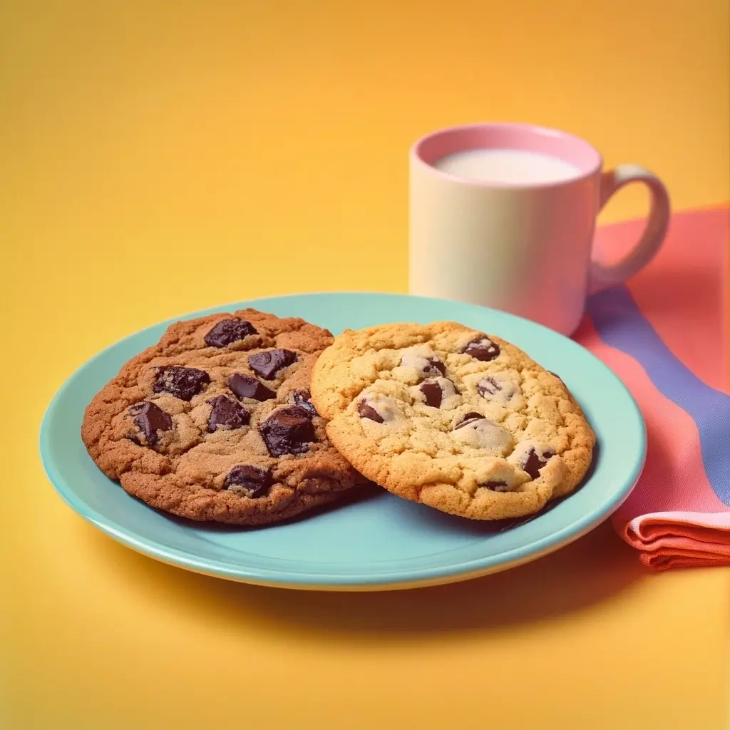 Two plates of freshly baked cookies side by side: thick, chewy cookies and thin, crispy cookies, with milk and a colorful napkin in the background