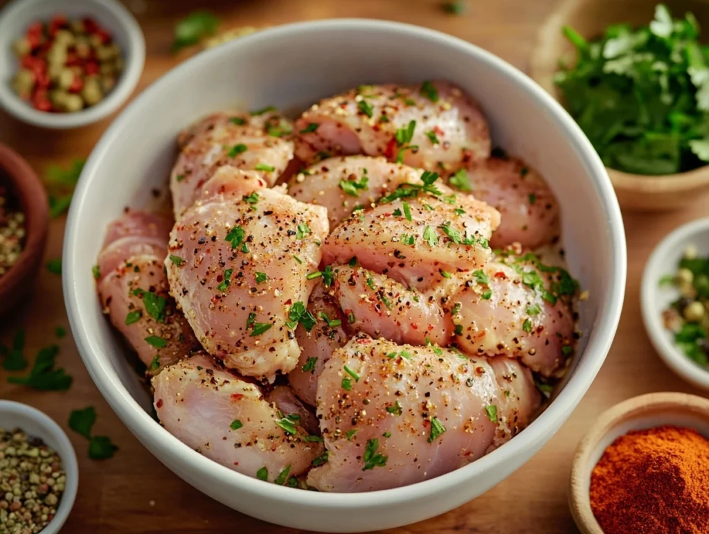 Chicken pieces marinating in buttermilk with spices like paprika, garlic, and pepper in a ceramic bowl on a wooden kitchen counter with herbs and spice bowls.