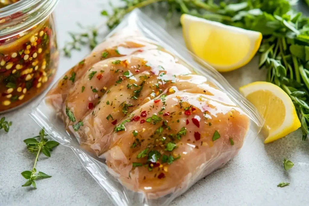 Raw chicken breasts in a resealable plastic bag filled with marinade, including lemon wedges, fresh herbs, chili flakes, and a golden-brown liquid on a clean kitchen surface.