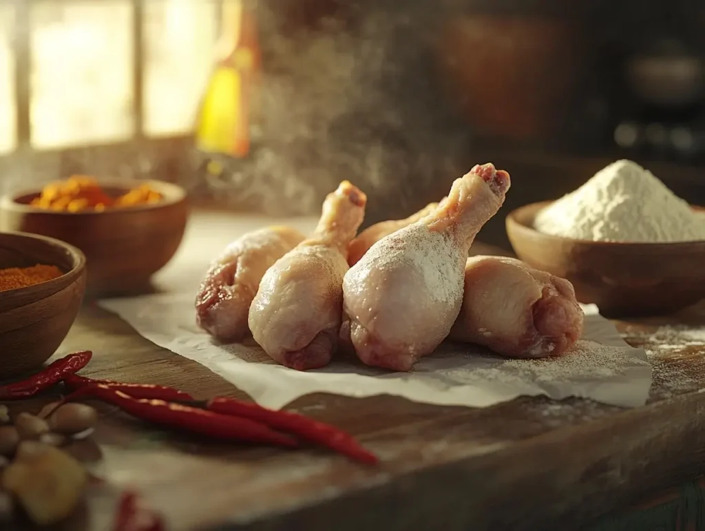 Patting raw chicken drumsticks dry with paper towels removes excess moisture for better breading adhesion