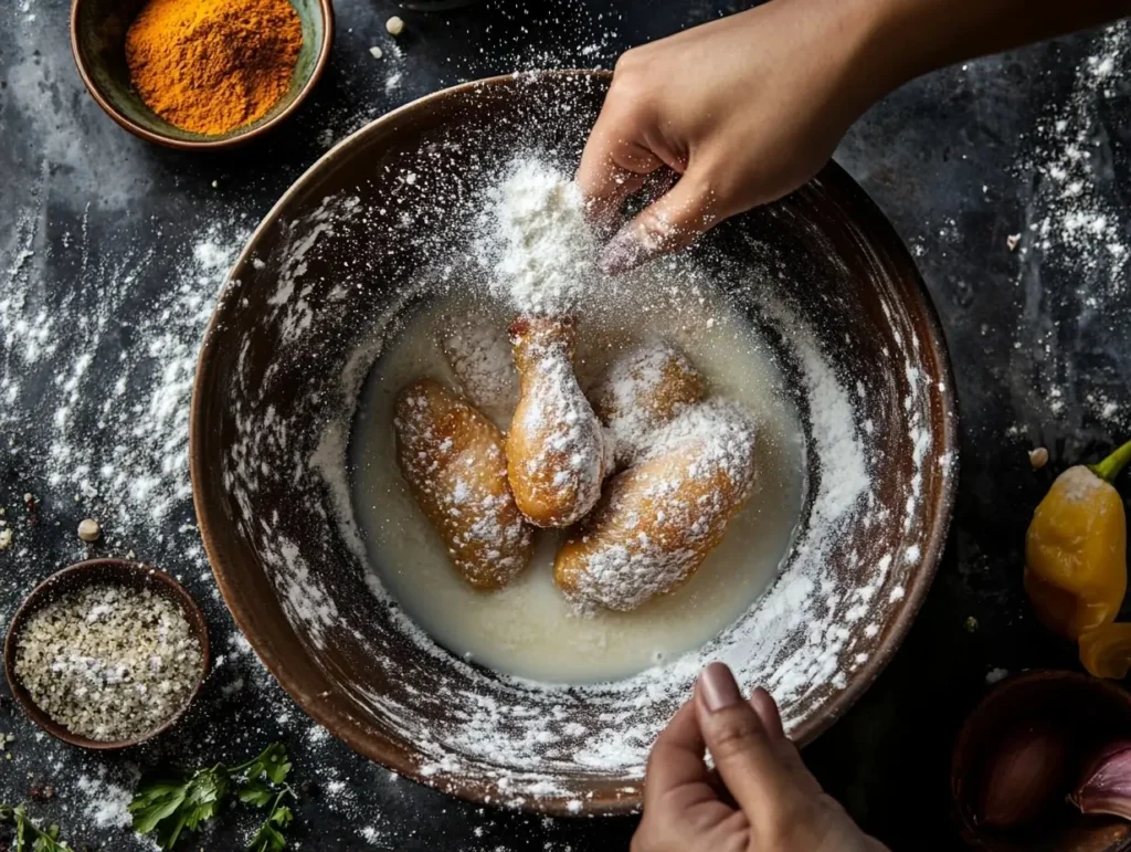 Double coating chicken in seasoned flour and buttermilk ensures an even, crispy crust.