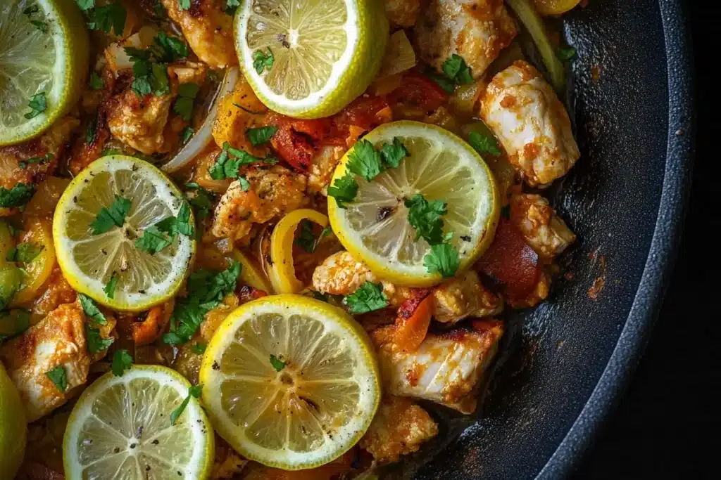 Close-up of sizzling fajitas with lemon slices and lime wedges, emphasizing the citrus flavors in the dish