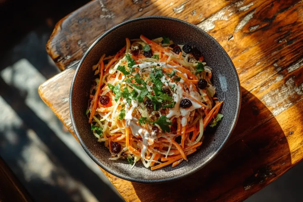 A bowl of carrot raisin salad on a rustic wooden table, with shredded carrots, raisins, and creamy dressing under natural light.