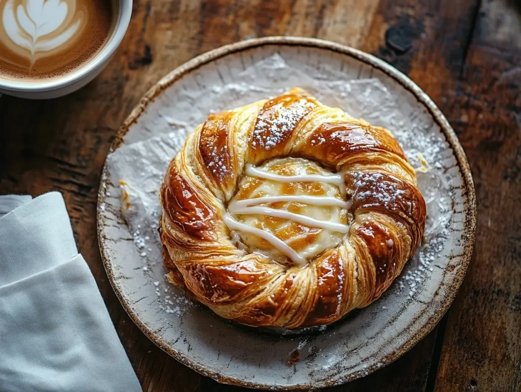 A classic cheese Danish with golden flaky pastry, creamy cheese filling, and sugar glaze on a rustic table with coffee and a napkin.