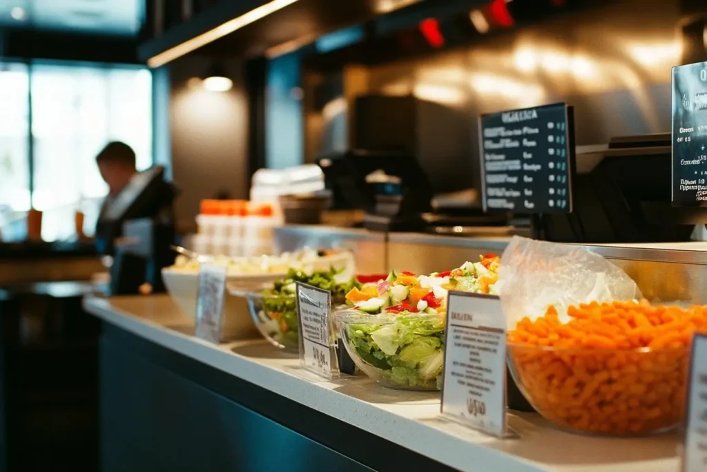 Vintage Chick-fil-A restaurant with a menu board showcasing the carrot raisin salad, warm lighting, and cozy Southern-inspired decor