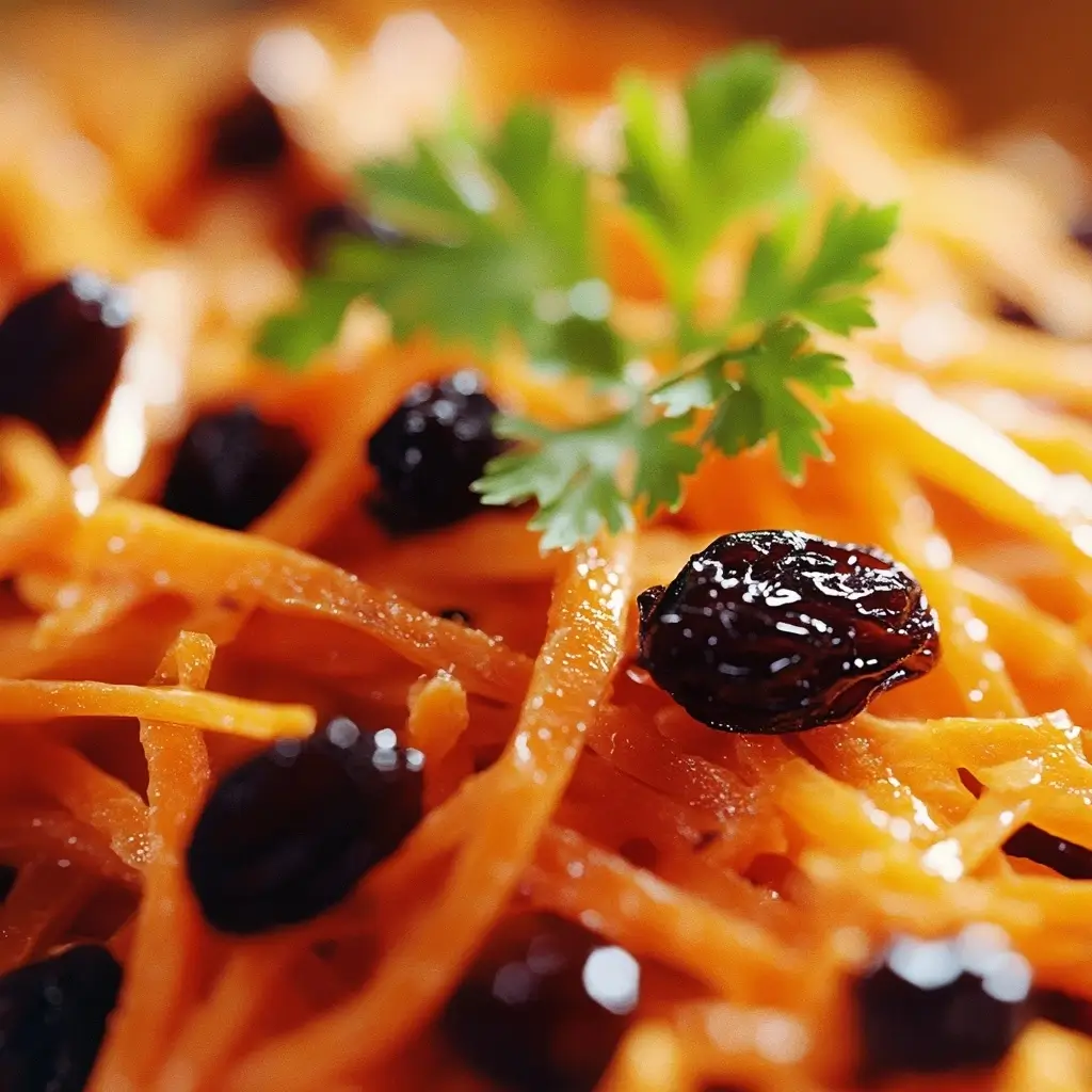 Close-up of carrot raisin salad showing the texture of shredded carrots, glossy raisins, and creamy dressing under soft natural light