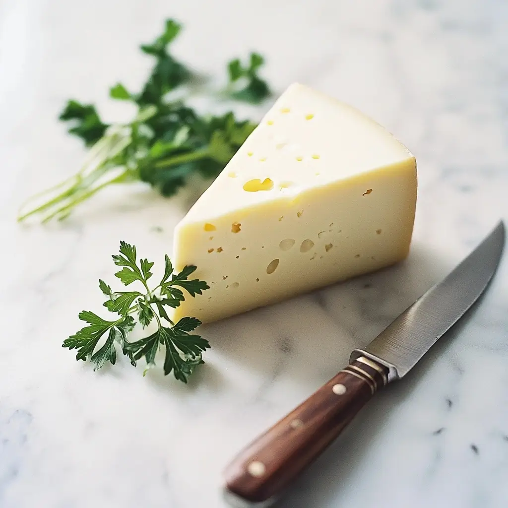 Close-up of Havarti cheese with small holes, paired with a knife and parsley, on a marble countertop under soft natural light.