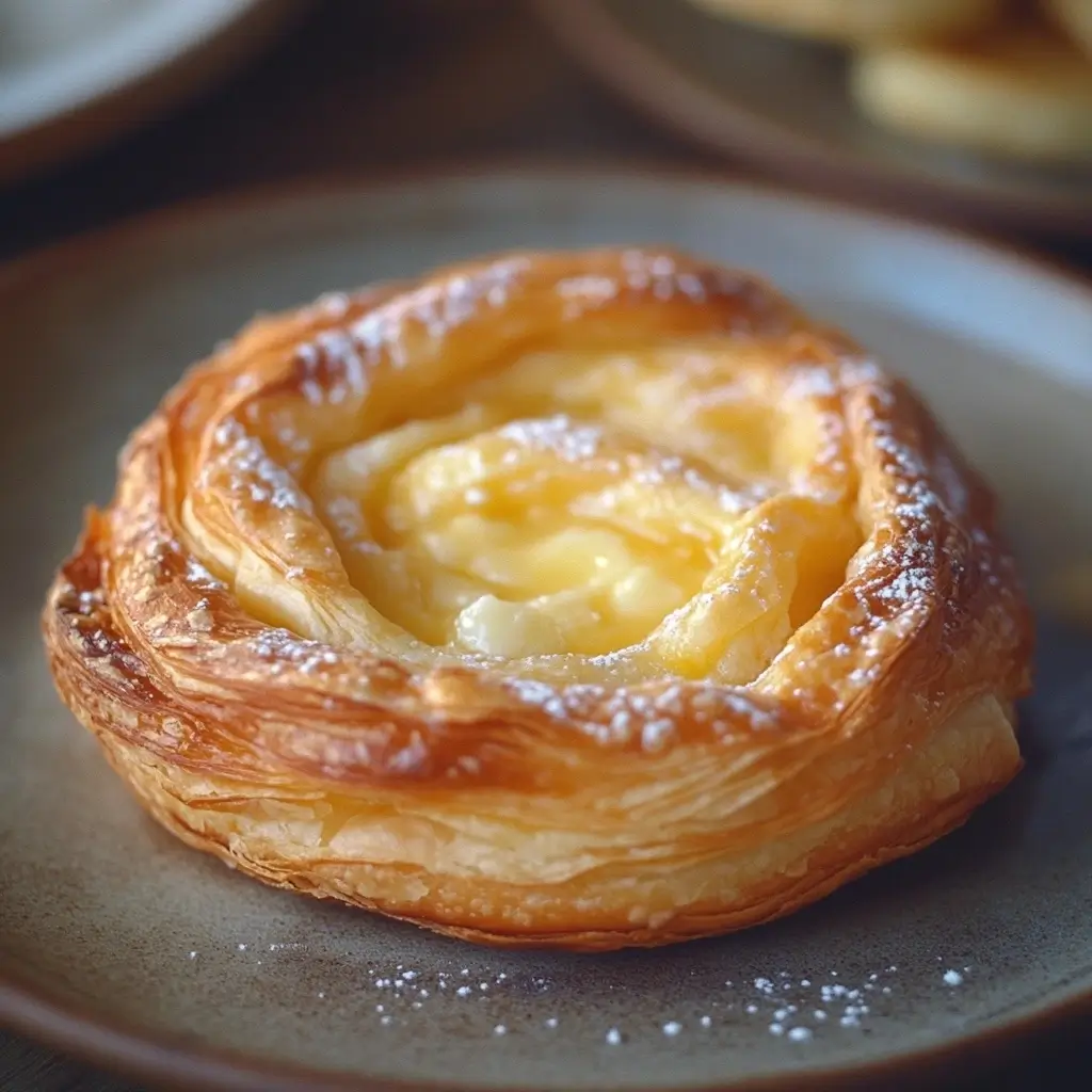 Close-up of a cheese Danish pastry with golden crust and creamy filling, garnished with powdered sugar on a rustic ceramic plate