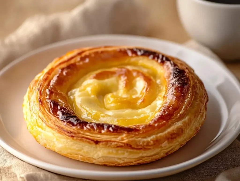 A perfectly baked cheese Danish pastry, golden-brown and flaky, topped with a creamy cheese filling, on a white plate with a cup of coffee