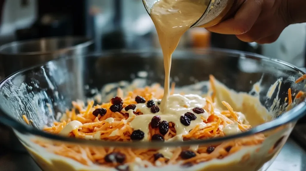 A large mixing bowl with grated carrots, soaked raisins, and creamy dressing being stirred with a wooden spoon in a modern kitchen setting.