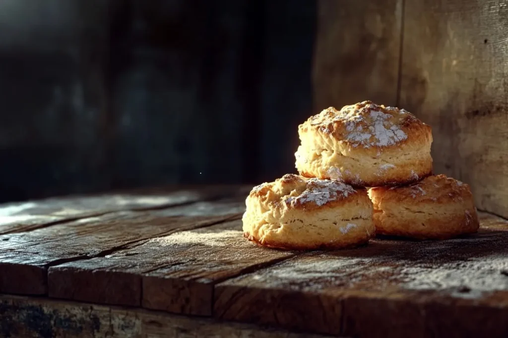 Hard, dense Bisquick biscuits with visible cracks, sitting on a wooden kitchen countertop under dim lighting.