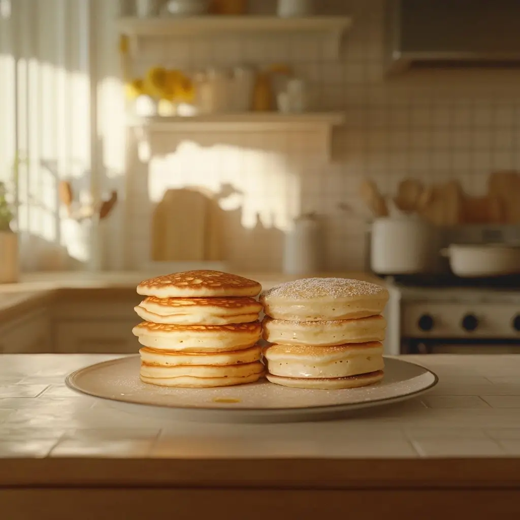 Two plates of pancakes side by side, labeled 'Water' and 'Milk,' showing texture differences with golden brown pancakes in a cozy kitchen setting.