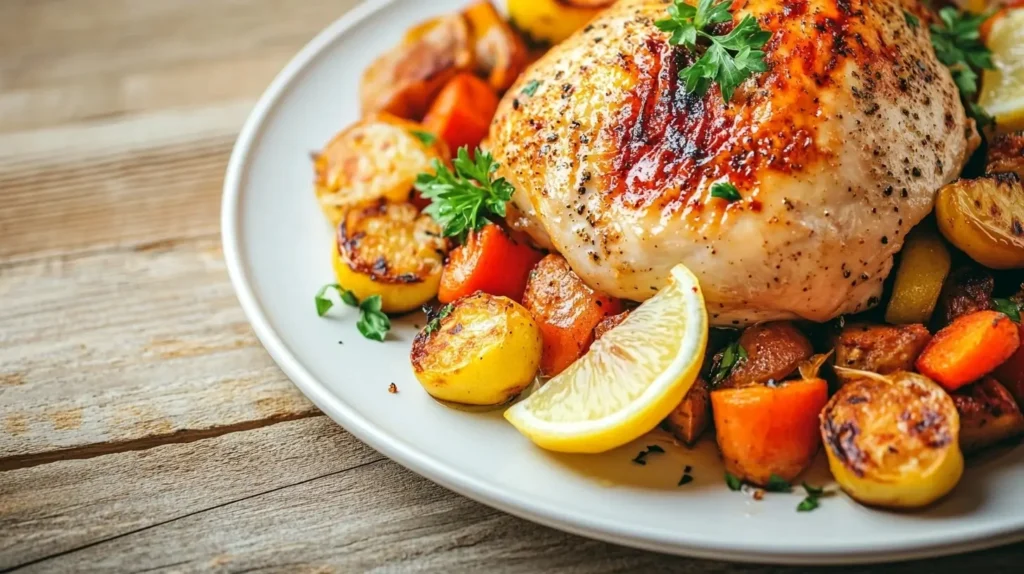 A grilled chicken breast with visible char marks, garnished with parsley and lemon slices, served with roasted vegetables on a white plate.