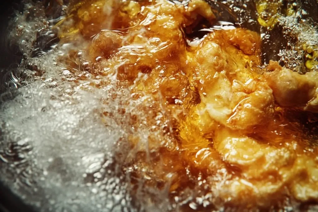 A close-up of a skillet with chicken frying, half cooked in butter and the other half in oil, with golden crispy textures developing