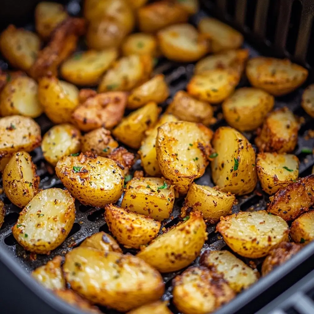 Air fryer basket filled with golden, crispy Potatoes O'Brien, cooking at 400°F (200°C) with seasonings sprinkled on top