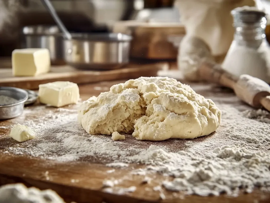 Dry biscuit dough on a wooden surface, showing cracks and crumbly texture, with measuring cups, flour, and butter around it