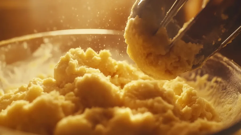 Close-up of cookie dough being mixed, demonstrating the golden rule in baking cookies by creaming butter and sugar for perfect results