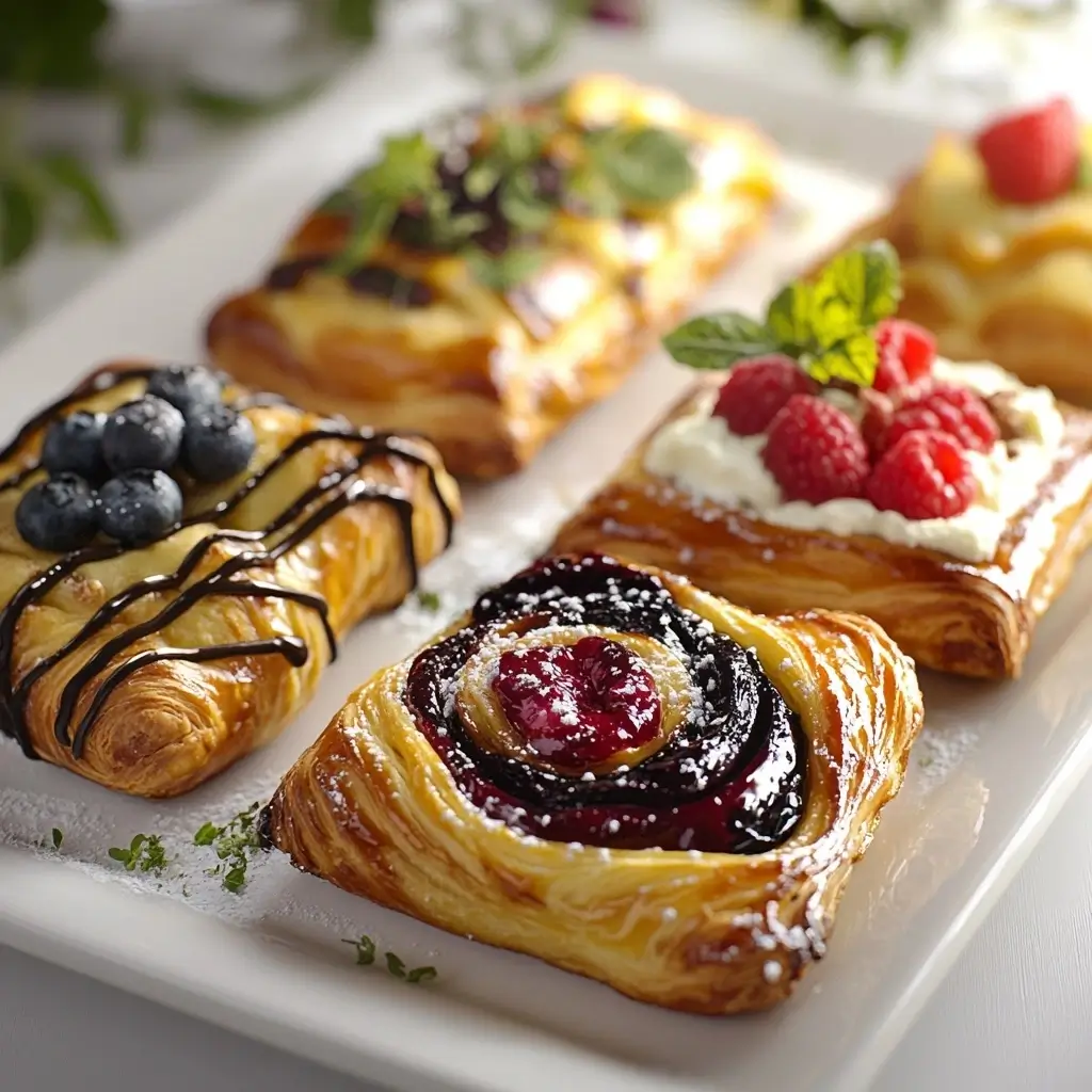 An assortment of flavored cheese Danish pastries with blueberry, raspberry, chocolate, and savory spinach-feta toppings on a white plate.