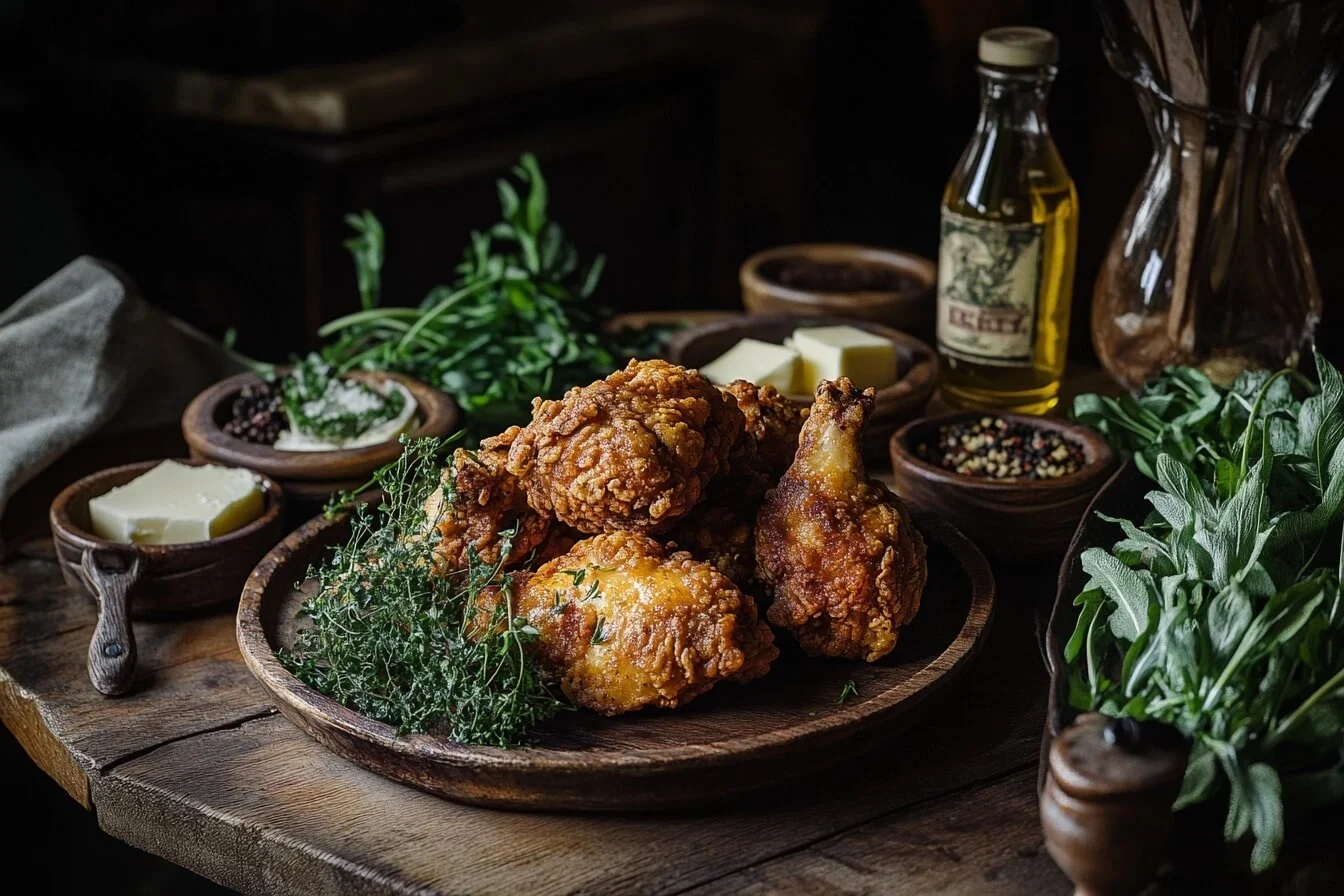 Crispy fried chicken on a wooden plate surrounded by butter, oil, fresh herbs, and seasonings, highlighting key cooking elements.