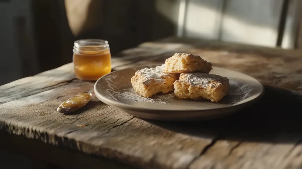 A plate of dry and crumbly Bisquick biscuits on a rustic wooden table, with visible cracks and a small jar of honey and butter knife beside them