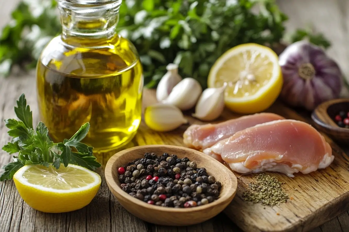 A flat-lay of a rustic wooden table with ingredients for a chicken marinade, including olive oil, lemon slices, garlic cloves, fresh parsley, paprika, cumin, and a raw chicken breast on a cutting board.