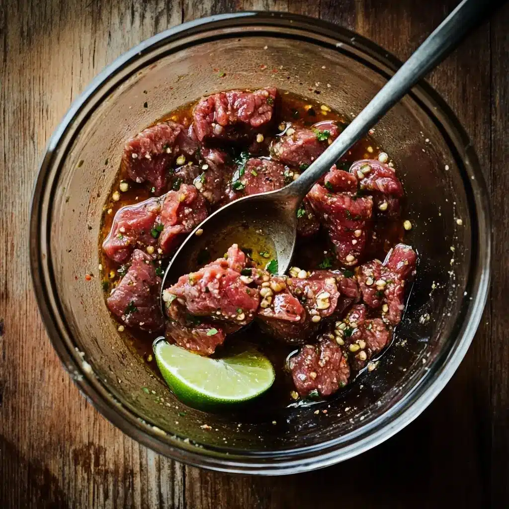 Raw fajita meat soaking in a marinade with lime juice, garlic, oil, and spices in a glass bowl, with a spoon stirring on a rustic countertop