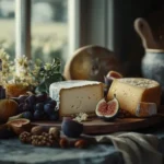 A Danish cheese board with Havarti, Danbo, and Danablu, styled with grapes, figs, nuts, and bread in a cozy Scandinavian kitchen.