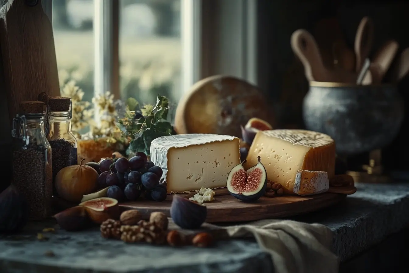 A Danish cheese board with Havarti, Danbo, and Danablu, styled with grapes, figs, nuts, and bread in a cozy Scandinavian kitchen.