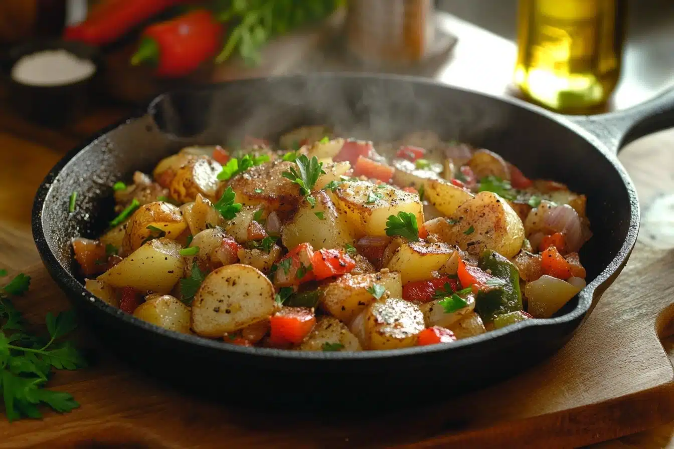 A rustic skillet filled with golden, crispy Ore Ida Potatoes O’Brien, mixed with sautéed bell peppers and onions, surrounded by fresh ingredients