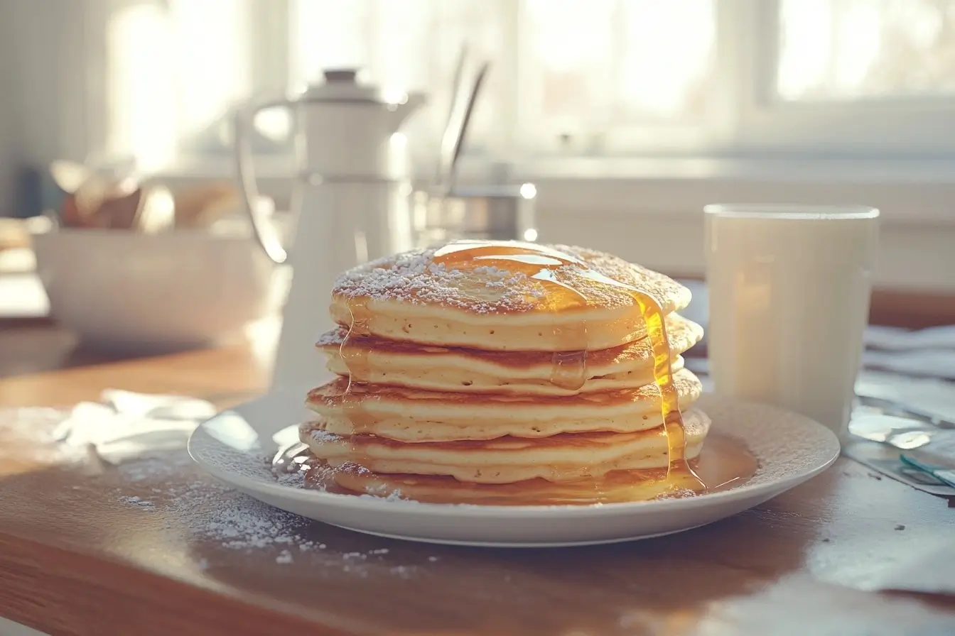 A stack of fluffy golden pancakes drizzled with syrup, served with a glass of milk and a jug of water on a breakfast table with Bisquick mix in the background