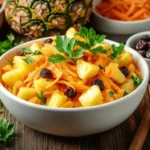 Vibrant carrot raisin pineapple salad in a ceramic bowl surrounded by small bowls of shredded carrots, raisins, and pineapple on a rustic wooden table.