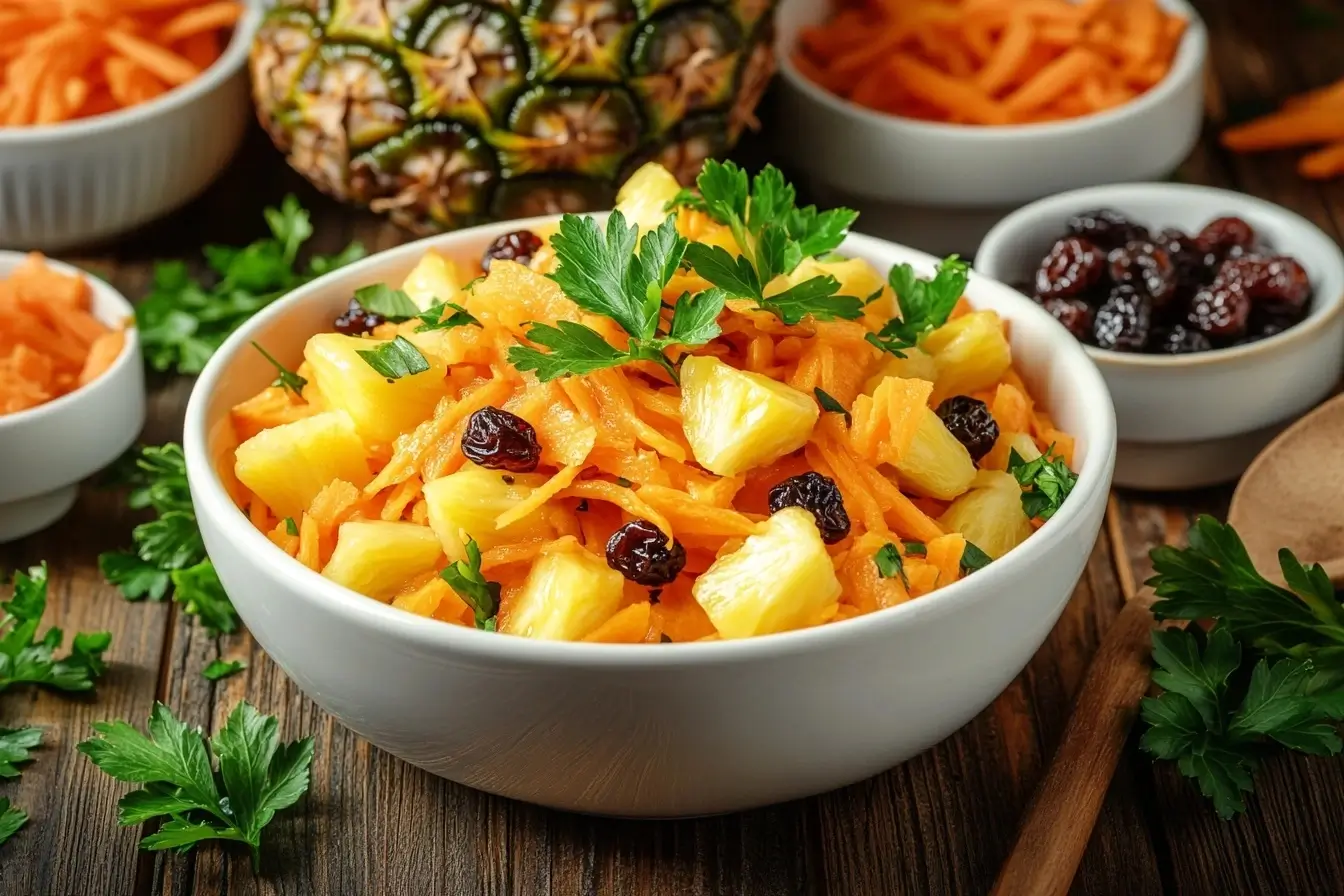 Vibrant carrot raisin pineapple salad in a ceramic bowl surrounded by small bowls of shredded carrots, raisins, and pineapple on a rustic wooden table.