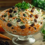 Classic carrot raisin salad in a glass bowl, garnished with parsley, placed on a rustic wooden table with fresh carrots and raisins nearby