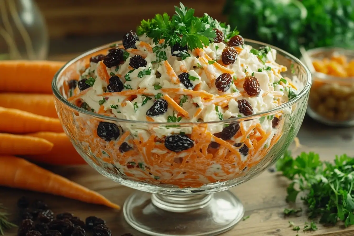 Classic carrot raisin salad in a glass bowl, garnished with parsley, placed on a rustic wooden table with fresh carrots and raisins nearby