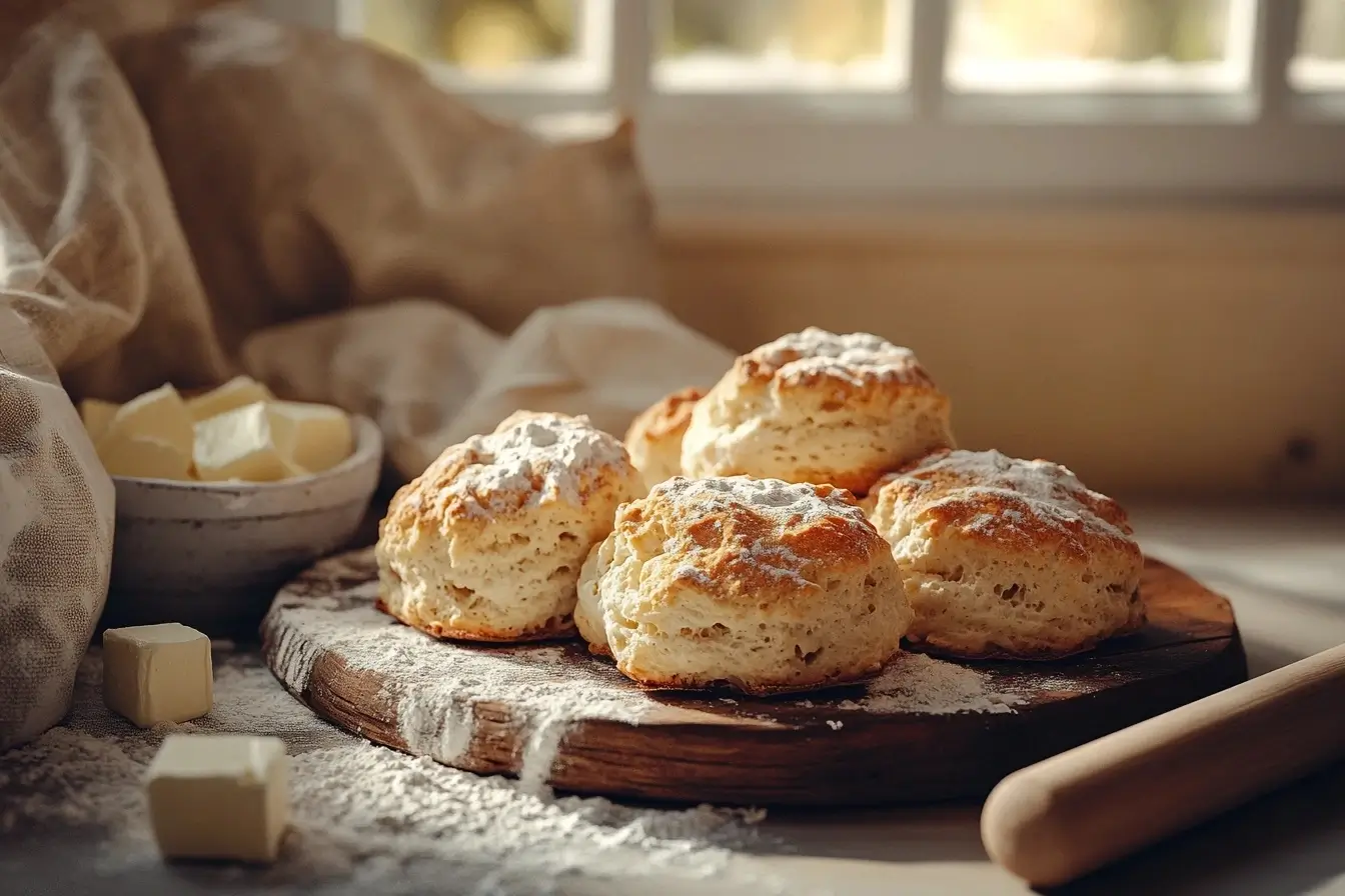 Fluffy, golden biscuits on a rustic plate, surrounded by flour, buttermilk, butter cubes, and a rolling pin in a cozy kitchen setting.