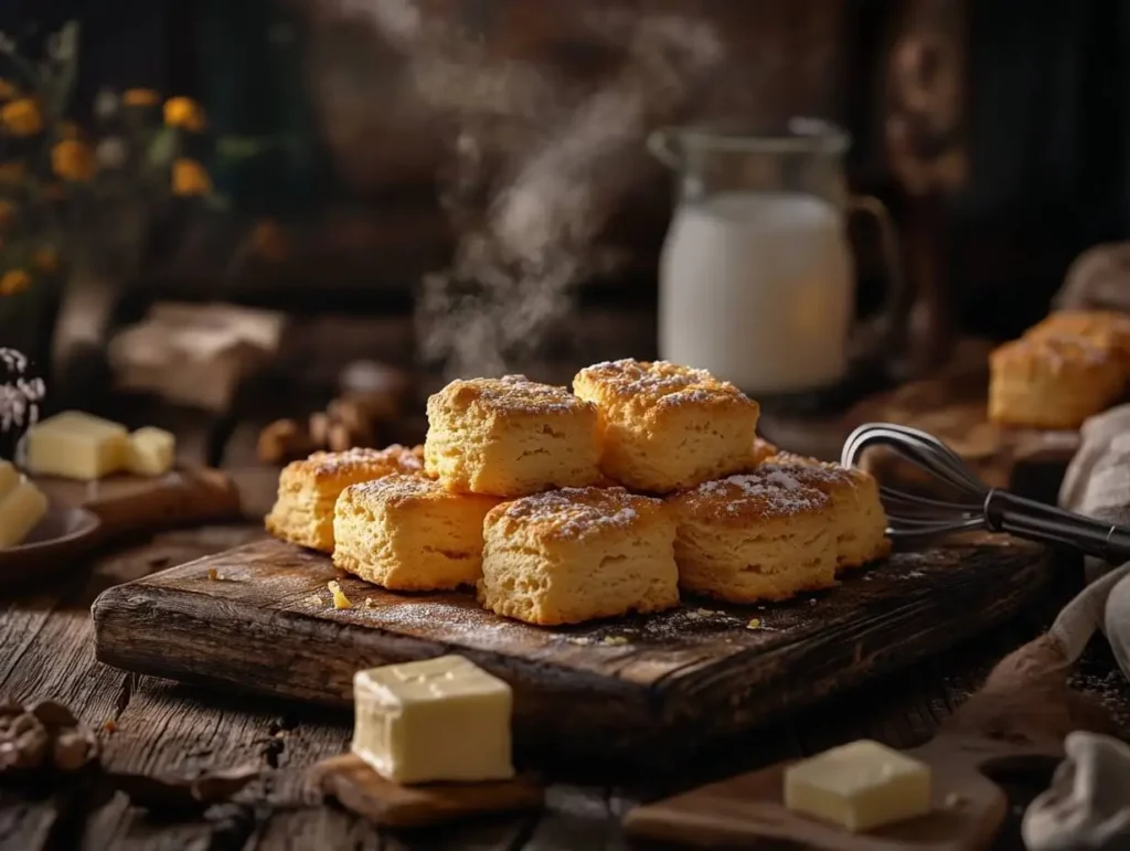 A batch of golden-brown, fluffy Bisquick biscuits on a rustic wooden plate with steam rising, surrounded by butter, milk, and a whisk.